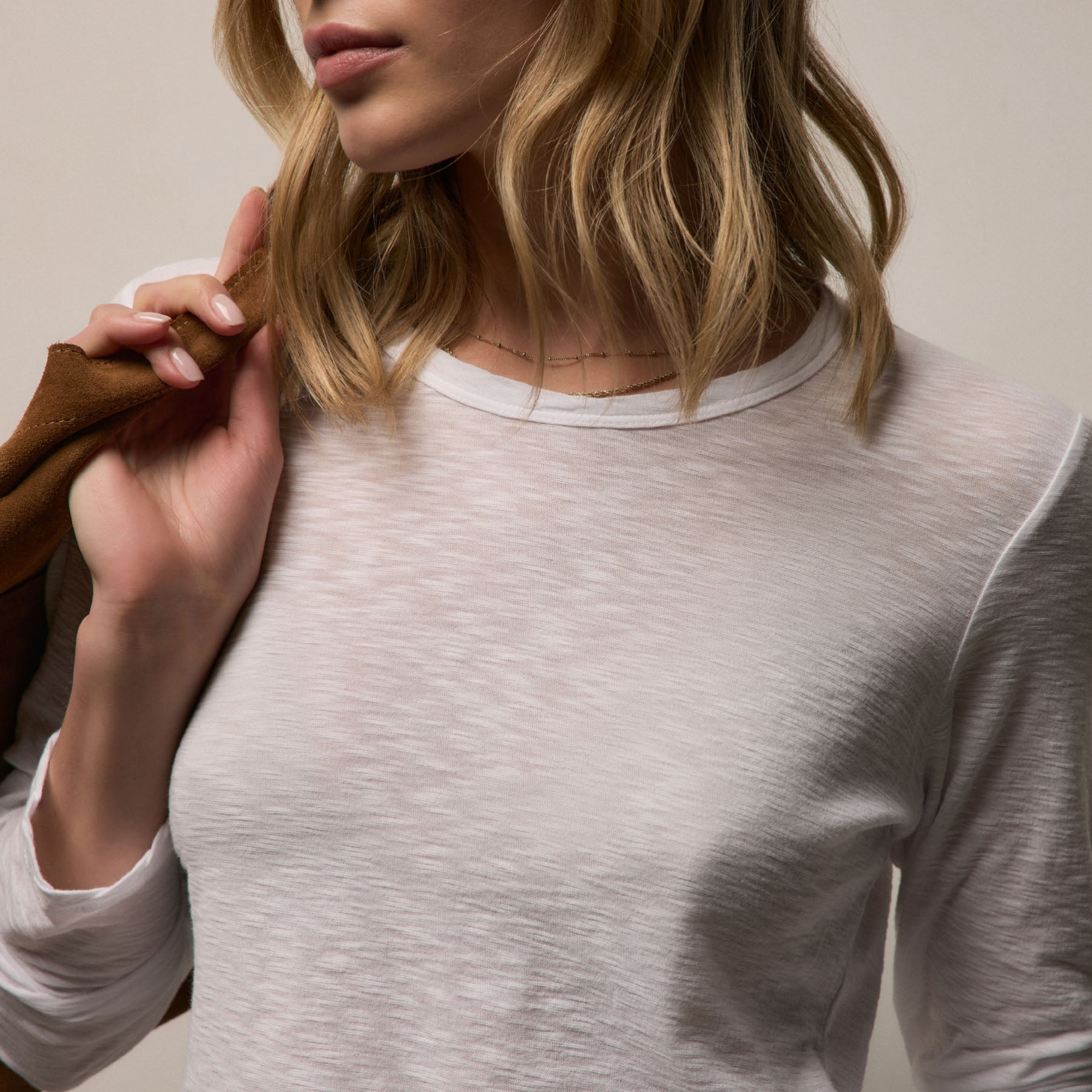 Sheer Slub Long Sleeve Crew - White