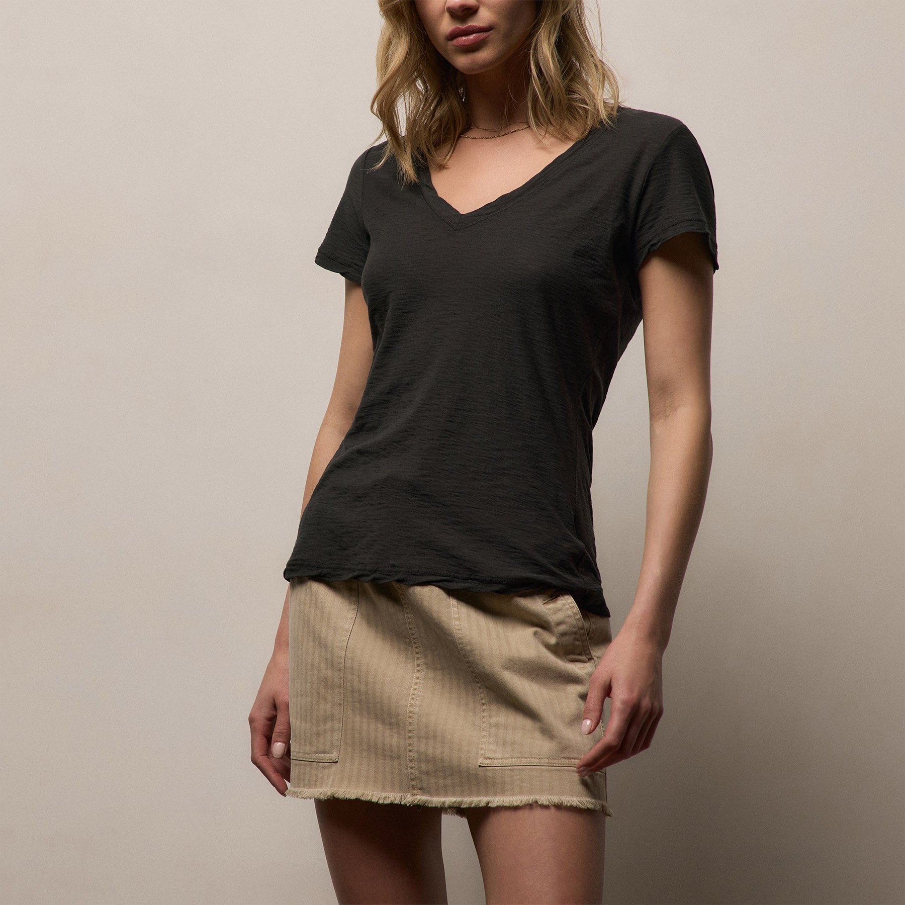 Sheer Slub V Neck - Carbon
