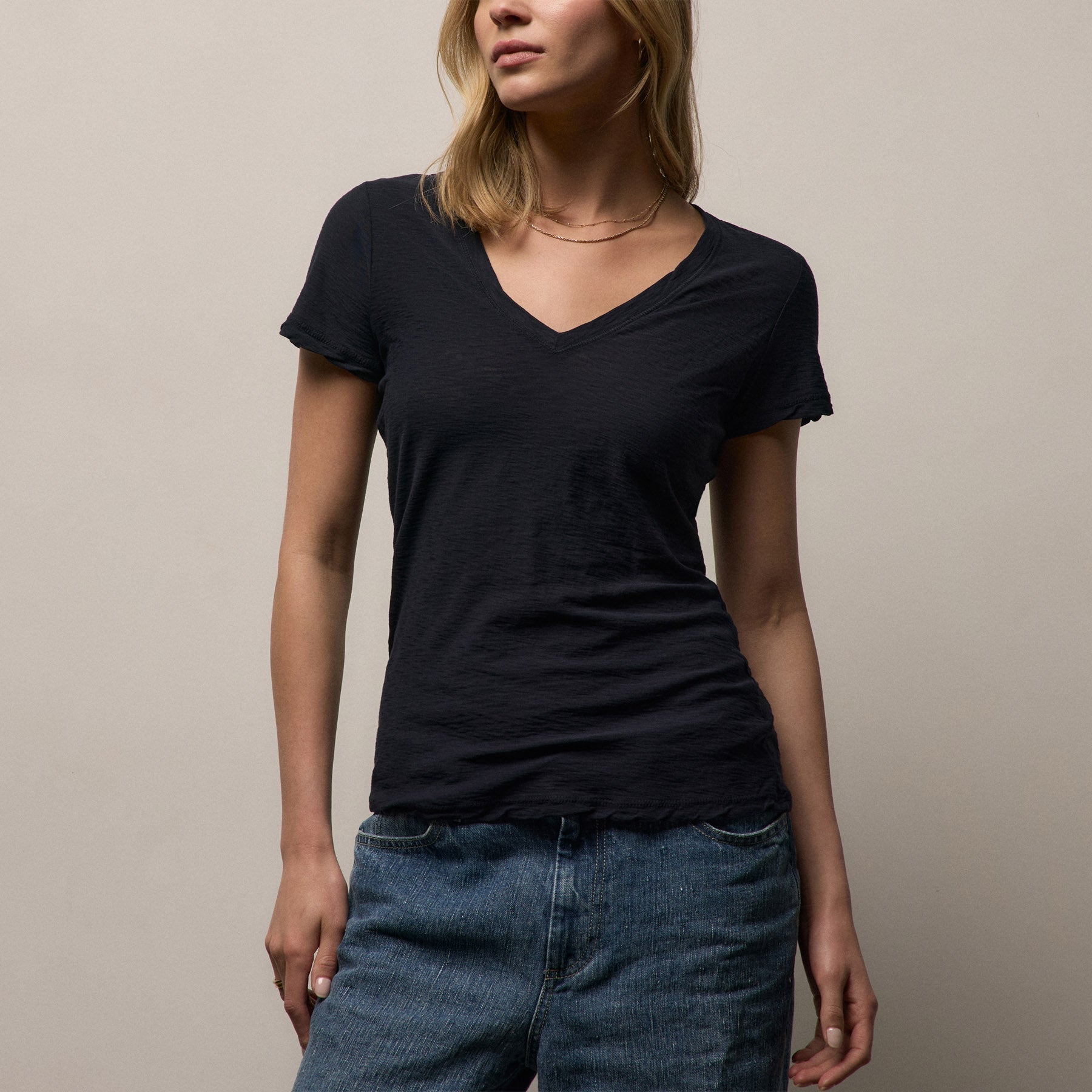 Sheer Slub V Neck - Deep