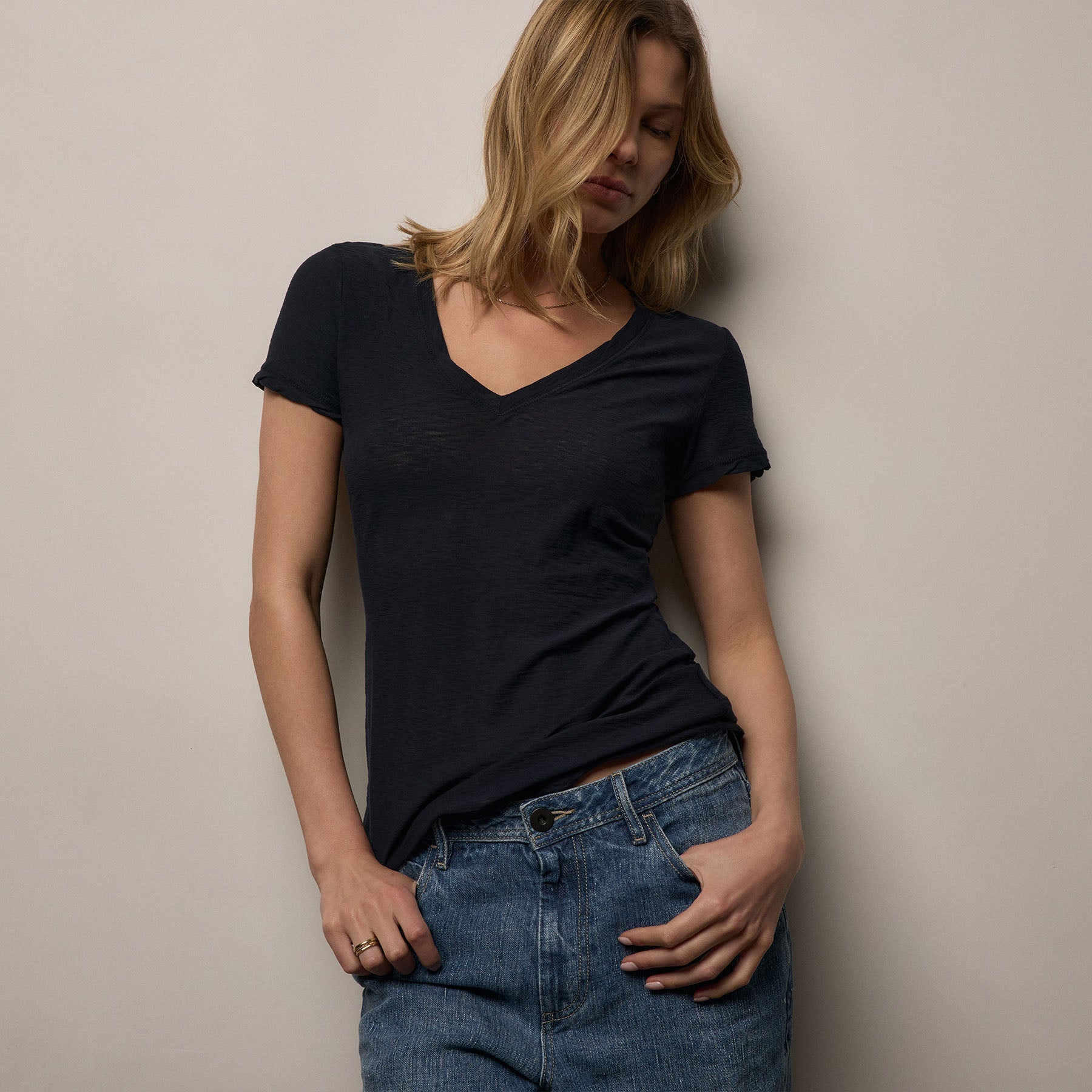 Sheer Slub V Neck - Deep