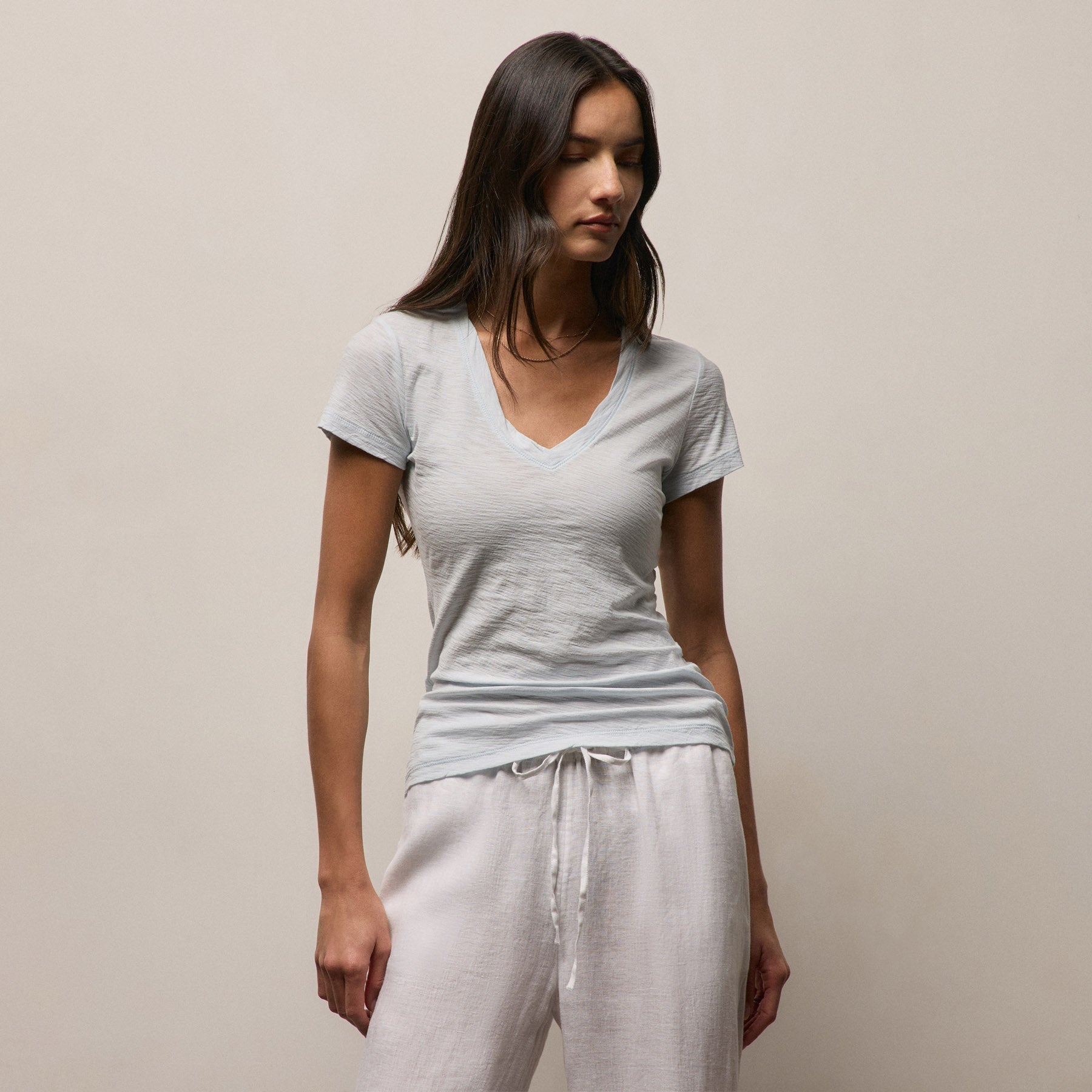 Sheer Slub V Neck - Memory