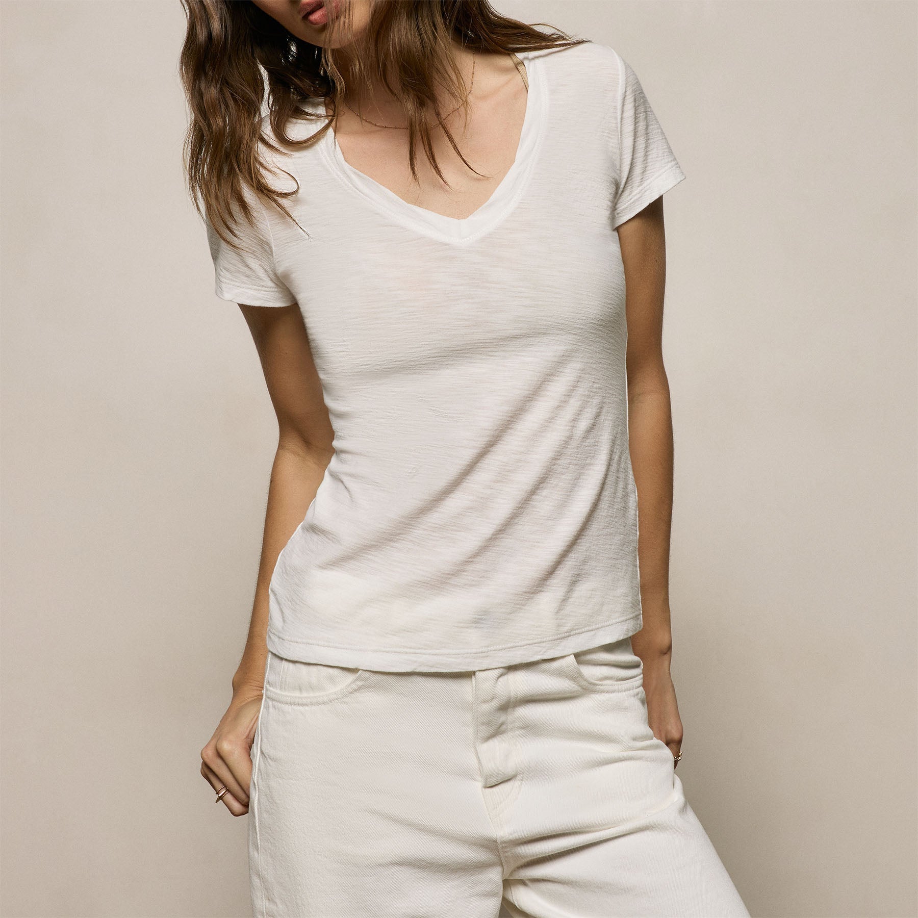 Sheer Slub V Neck - Off White
