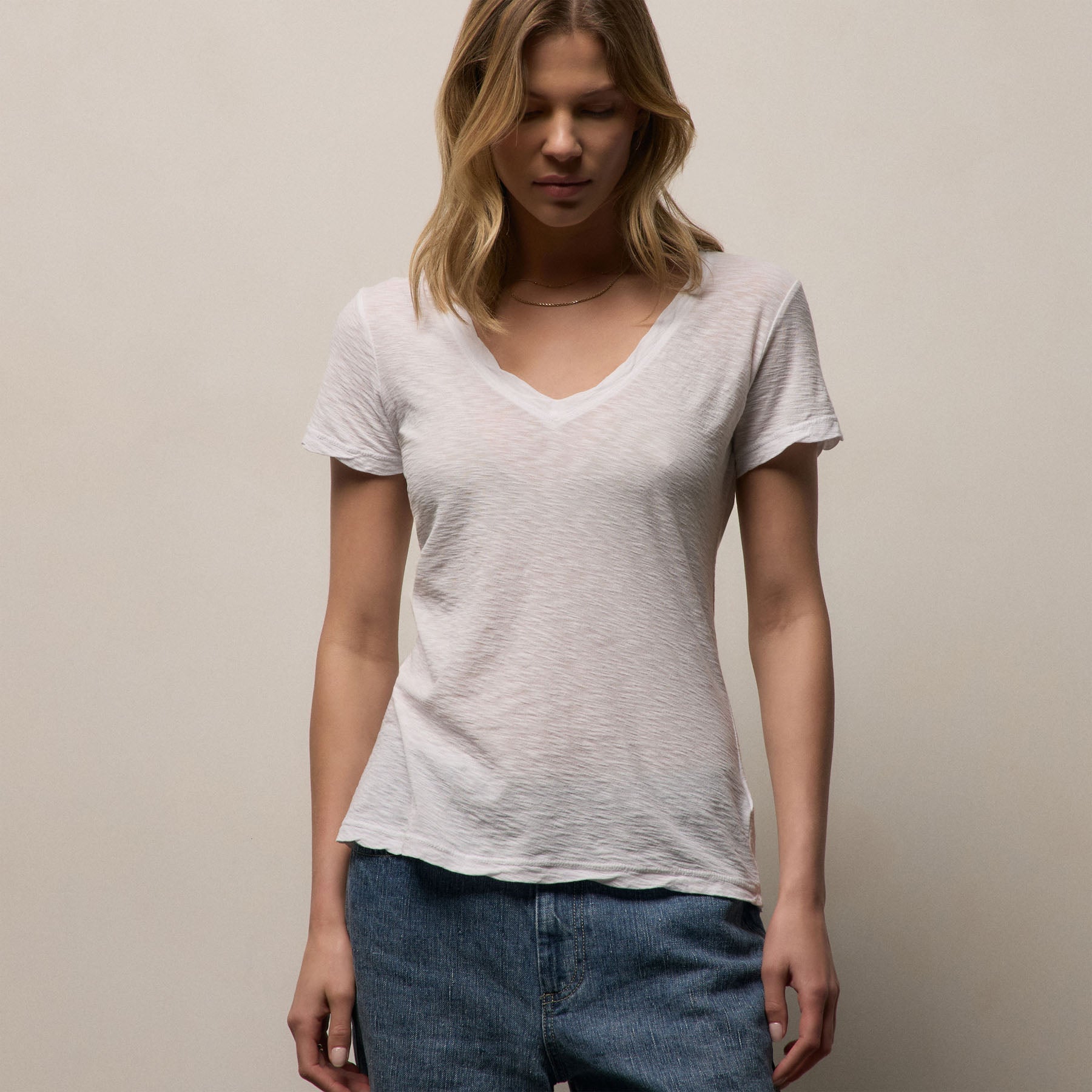 Sheer Slub V Neck - White