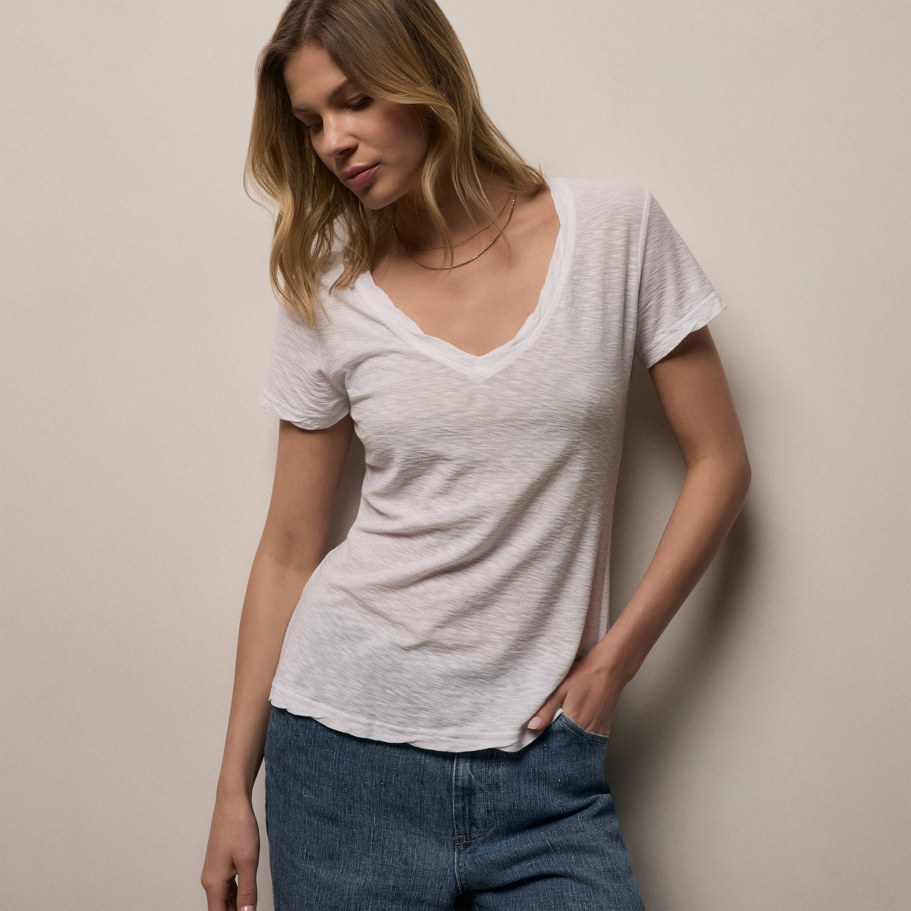 Sheer Slub V Neck - White