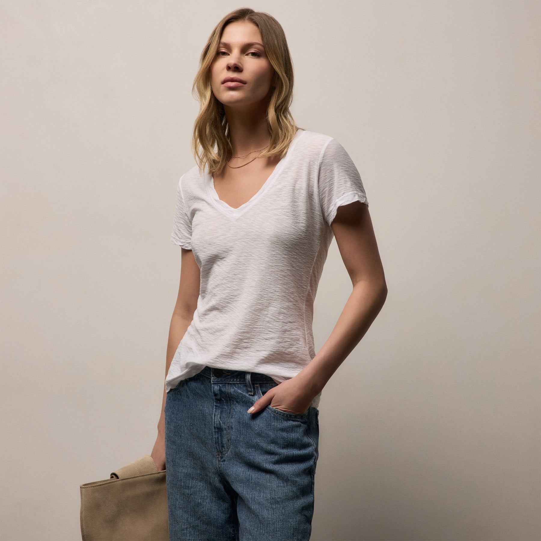 Sheer Slub V Neck - White