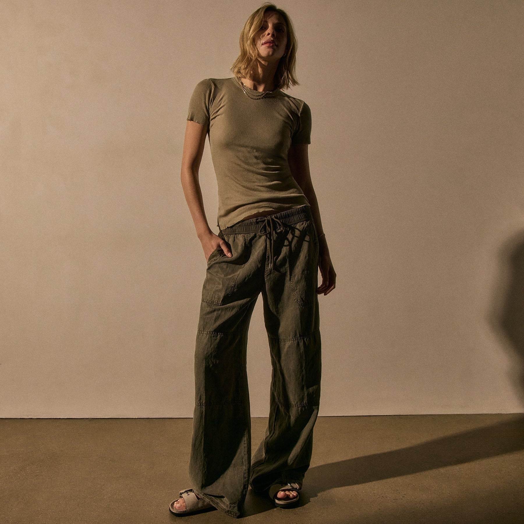 Cotton Cashmere Blend Ribbed Crew - Overcast