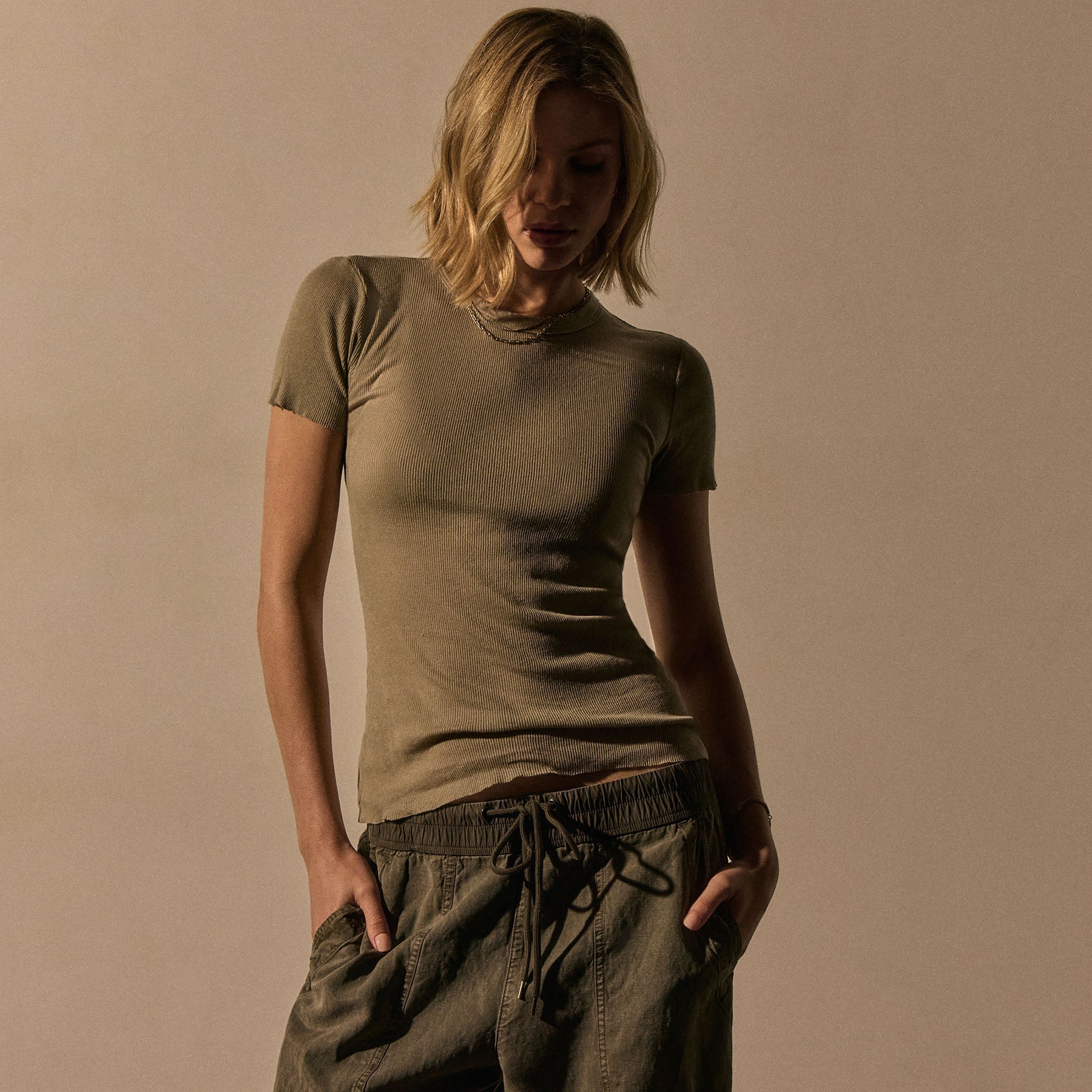 Cotton Cashmere Blend Ribbed Crew - Overcast