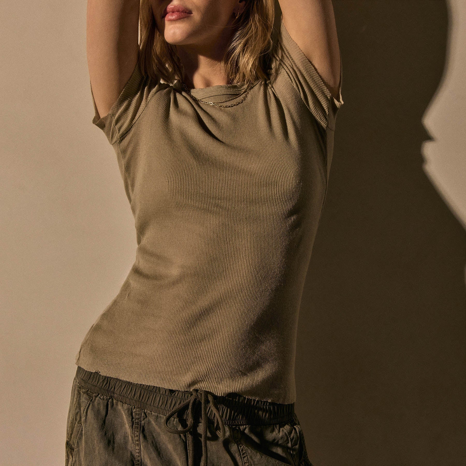 Cotton Cashmere Blend Ribbed Crew - Overcast