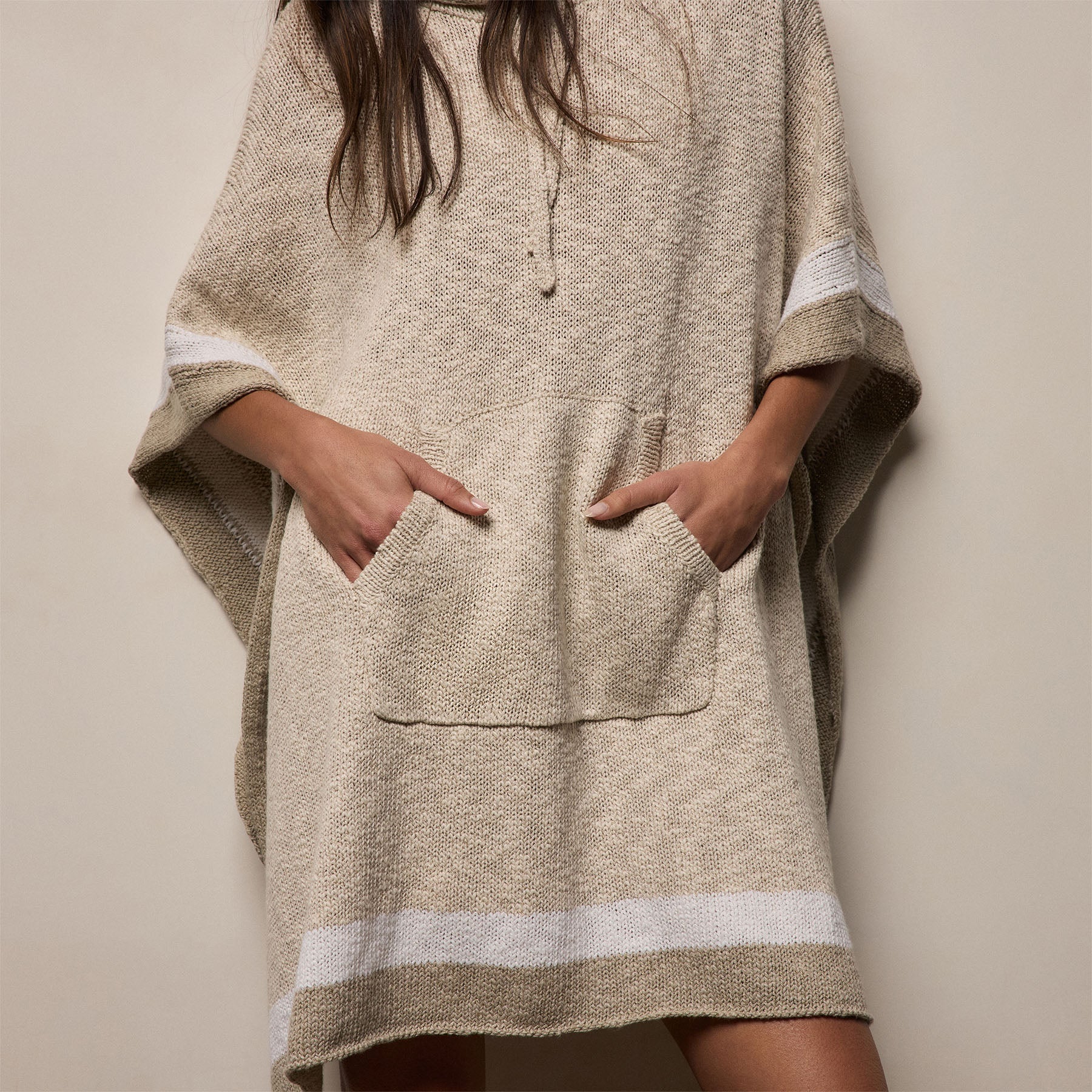 Baja Surf Hooded Poncho - Natural/White/Taupe