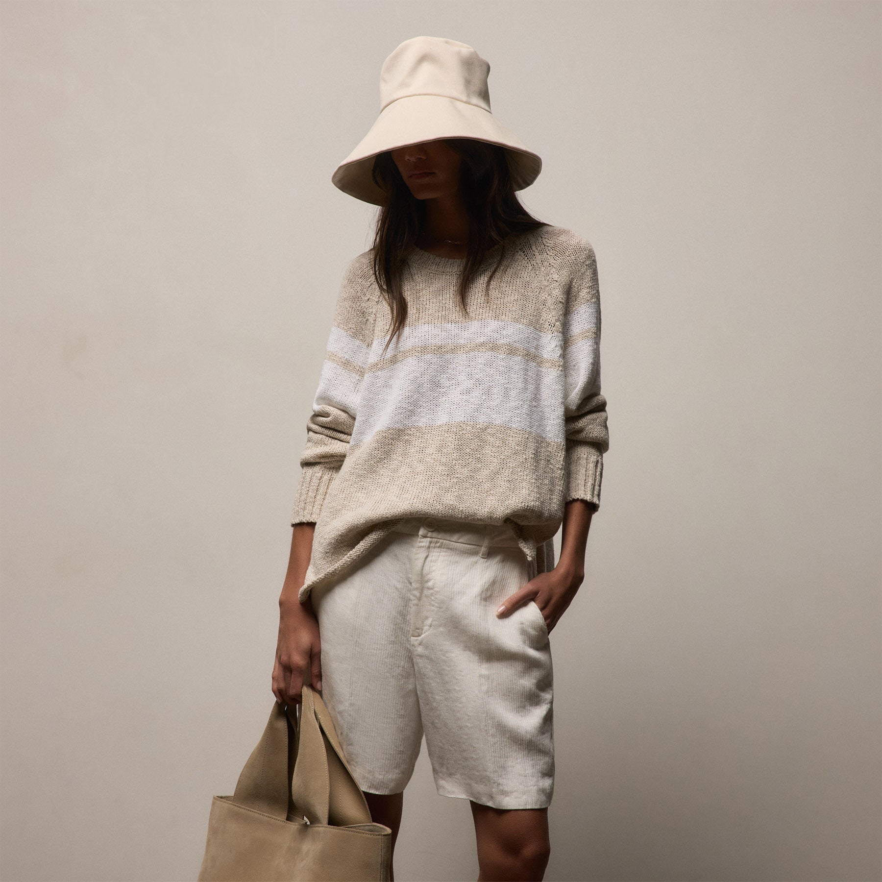 Surf Stripe Cotton Linen Sweater - Natural/White