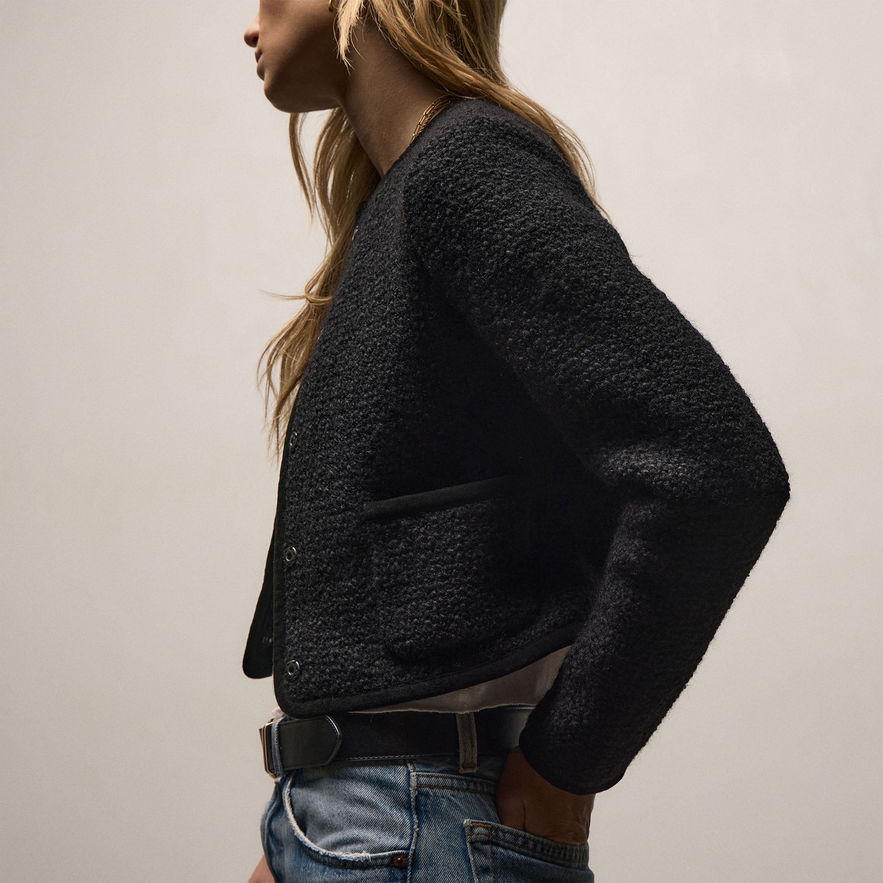 Wool Boucle Button Front Jacket - Black
