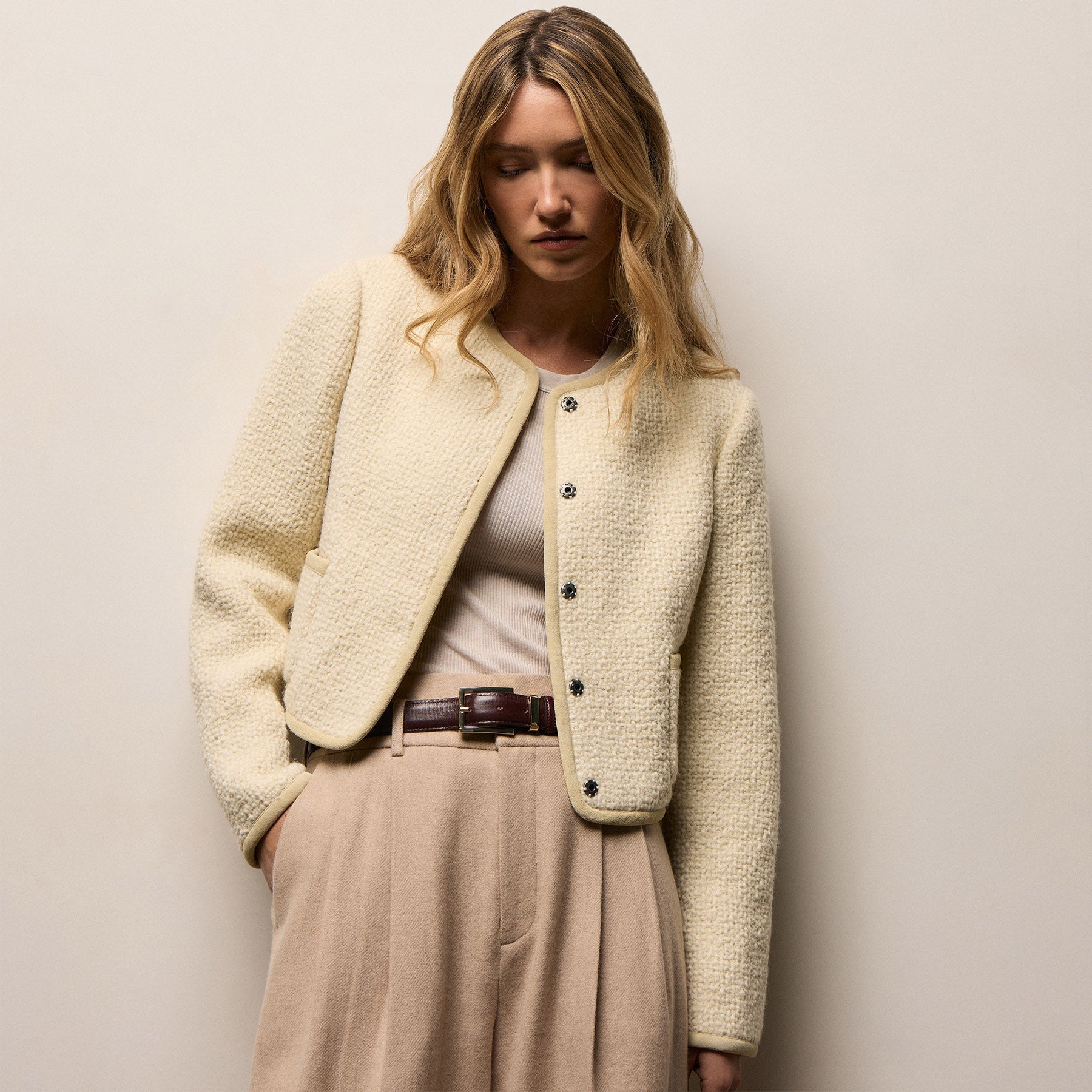 Wool Boucle Button Front Jacket - Ivory