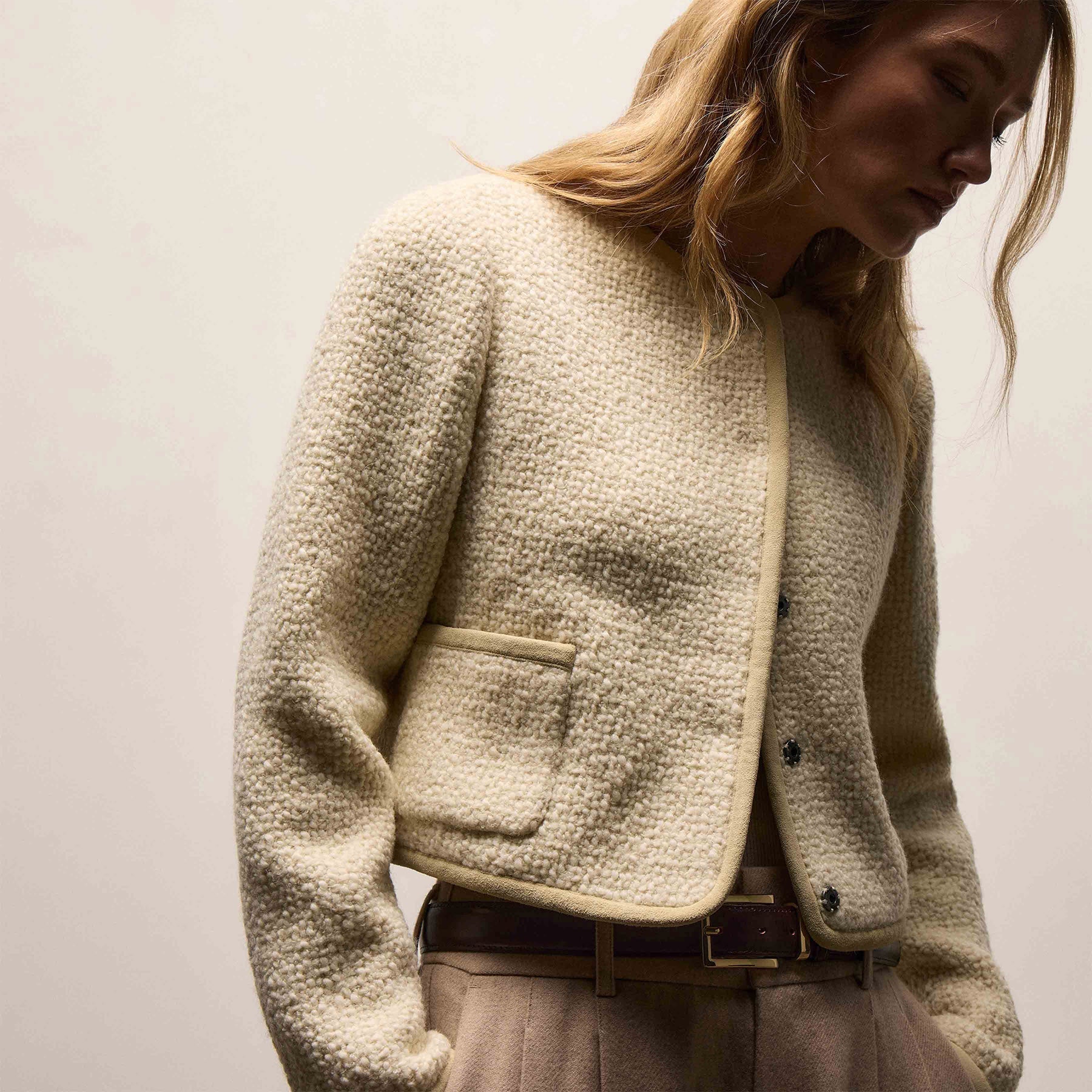 Wool Boucle Button Front Jacket - Ivory