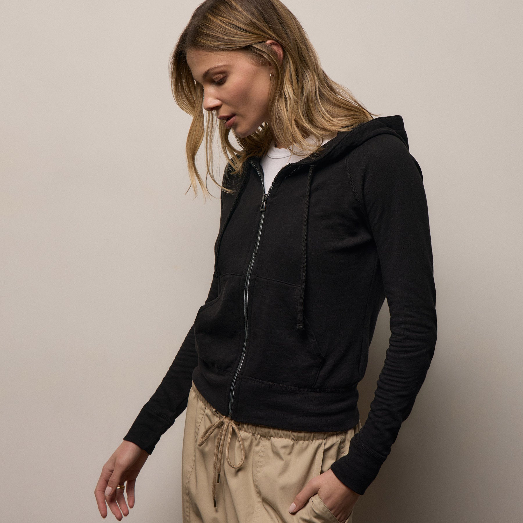 Vintage French Terry Zip Up Hoodie - Black