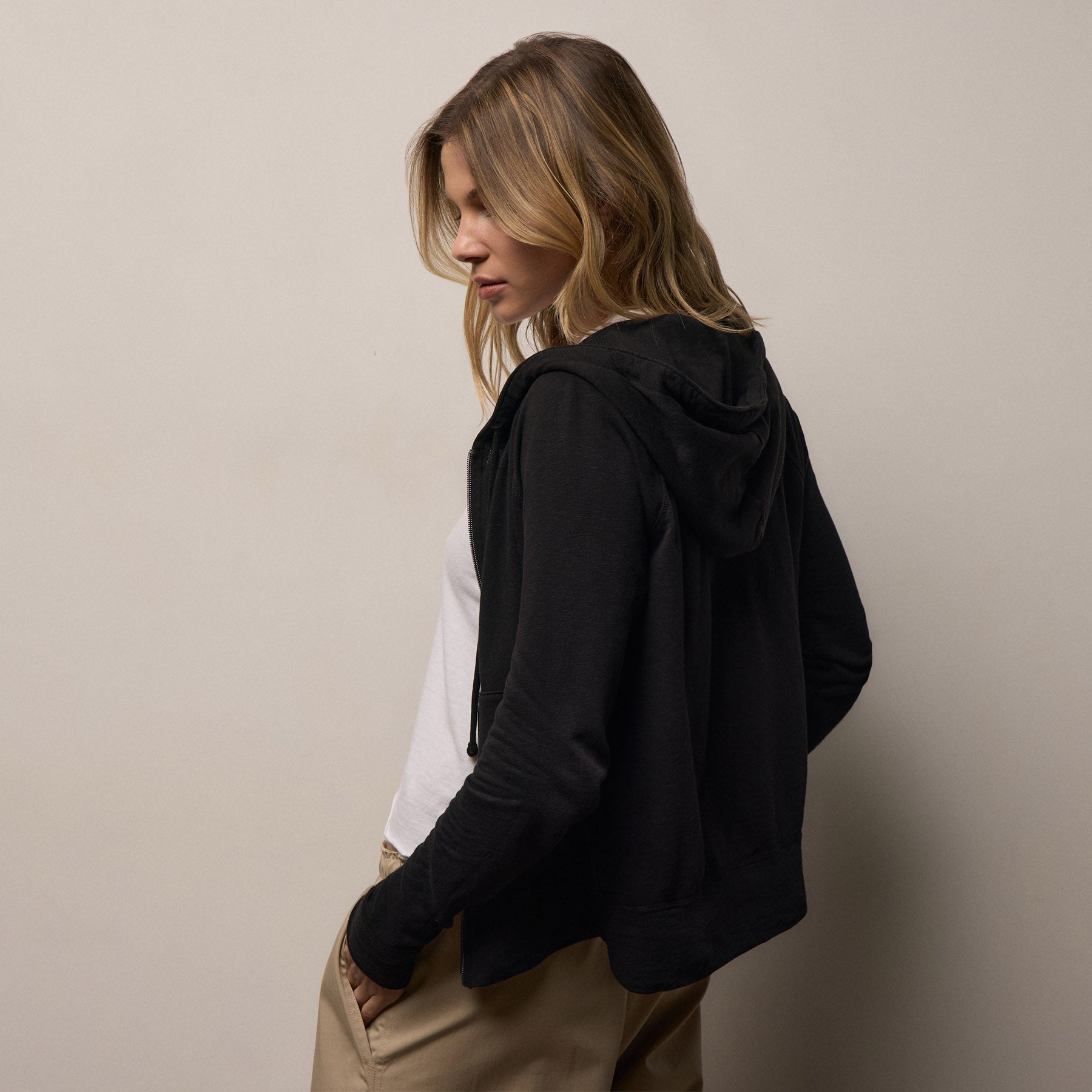 Vintage French Terry Zip Up Hoodie - Black