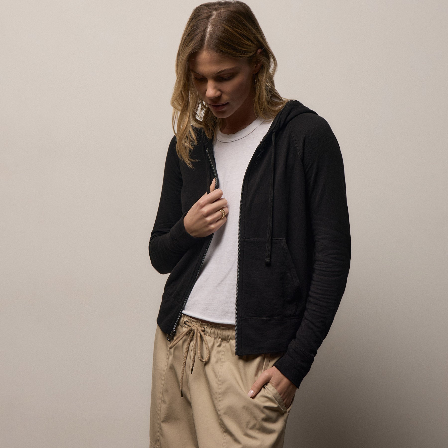 Vintage French Terry Zip Up Hoodie - Black